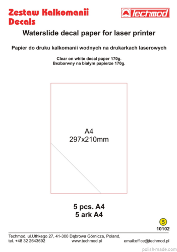 10102 - Papier do druku kalkomanii A4 biały x5